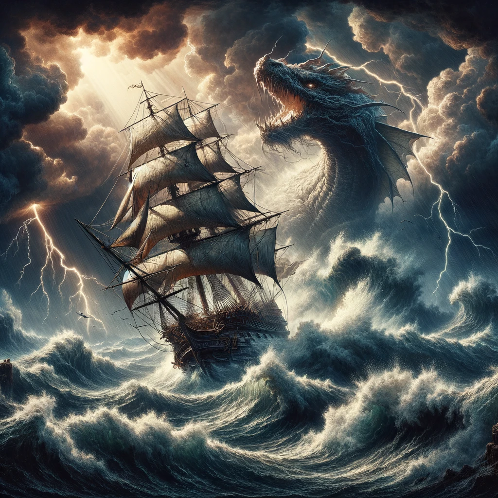 DALL·E 2024-03-12 20.06.48 - Depict a dramatic scene of a large sailing ship caught in a thundering and turbulent sea, emphasizing the raw power of nature. The sky is dark and fil.webp